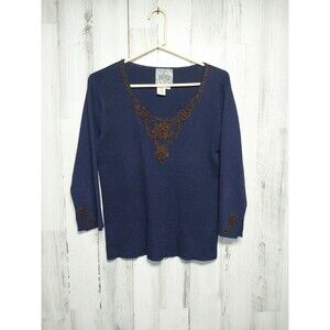 Curio Sweater Women's  Small Blue Beaded 3/4 Sleeve